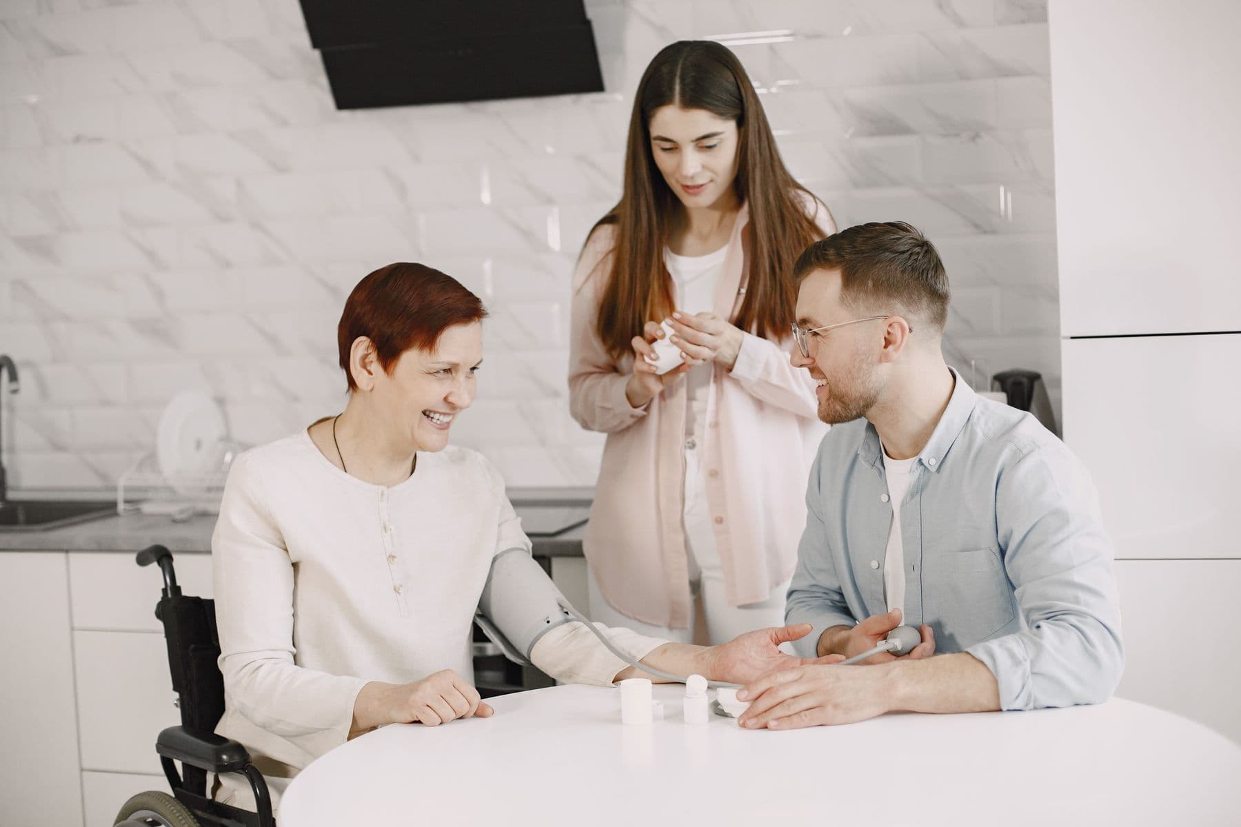 A family talking through care questions together at home