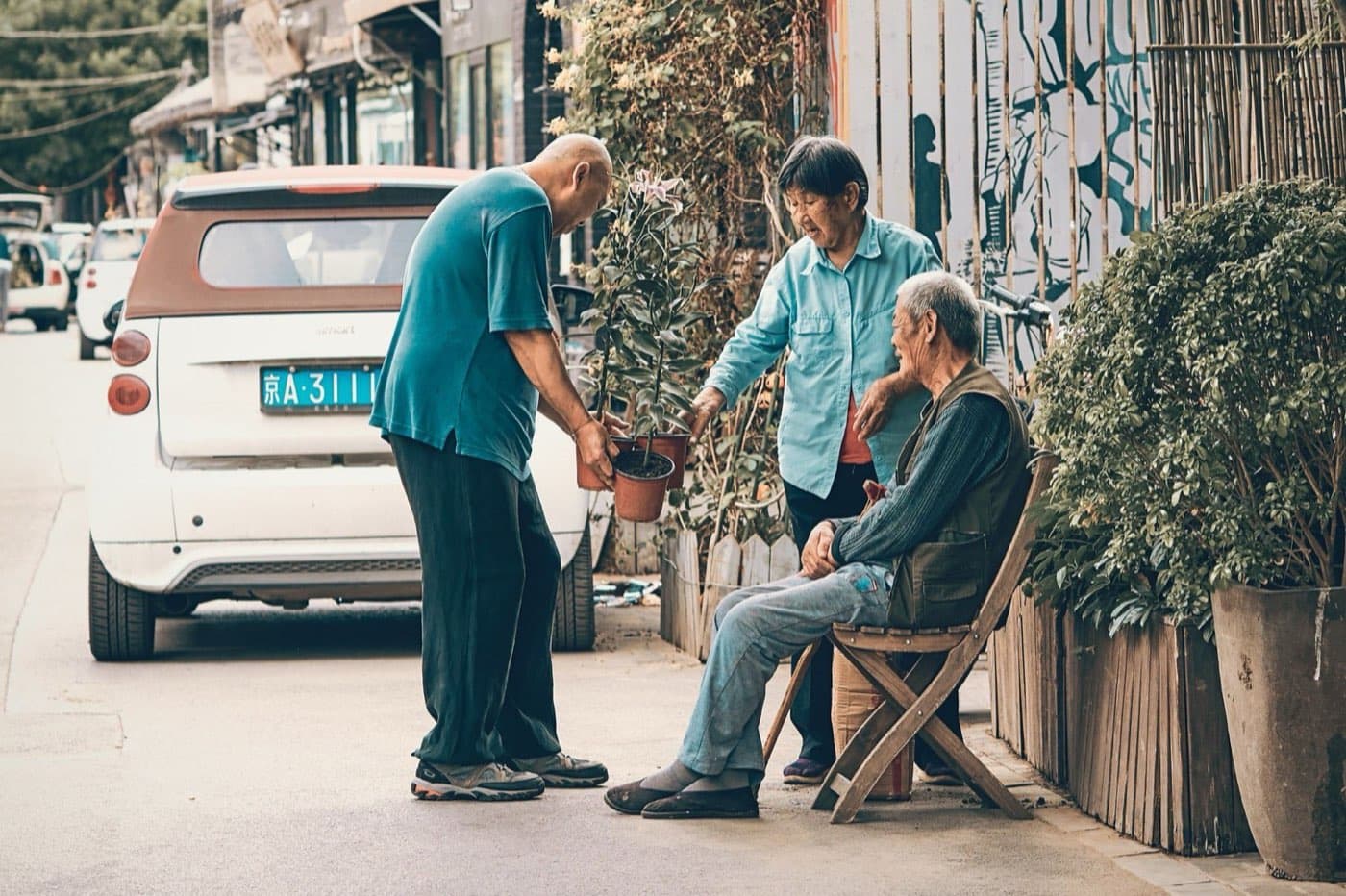 Community outing — people talking outdoors near plants and street life